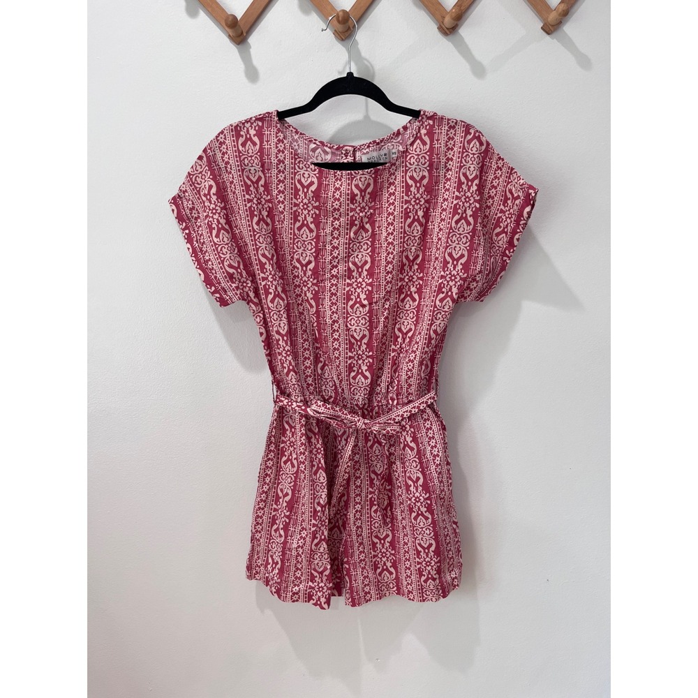 Molly Bracken Pink Damask Print Belted Romper Short Sleeve Button Back Jumpsuit - Picture 2 of 4
